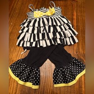 Mud Pie Black and White Striped outfit with Yellow Bow and bell bottom leggings